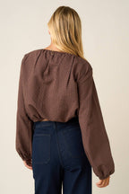 CHECKERED RUFFLE TRIM TIE FRONT LONG SLEEVE TOP