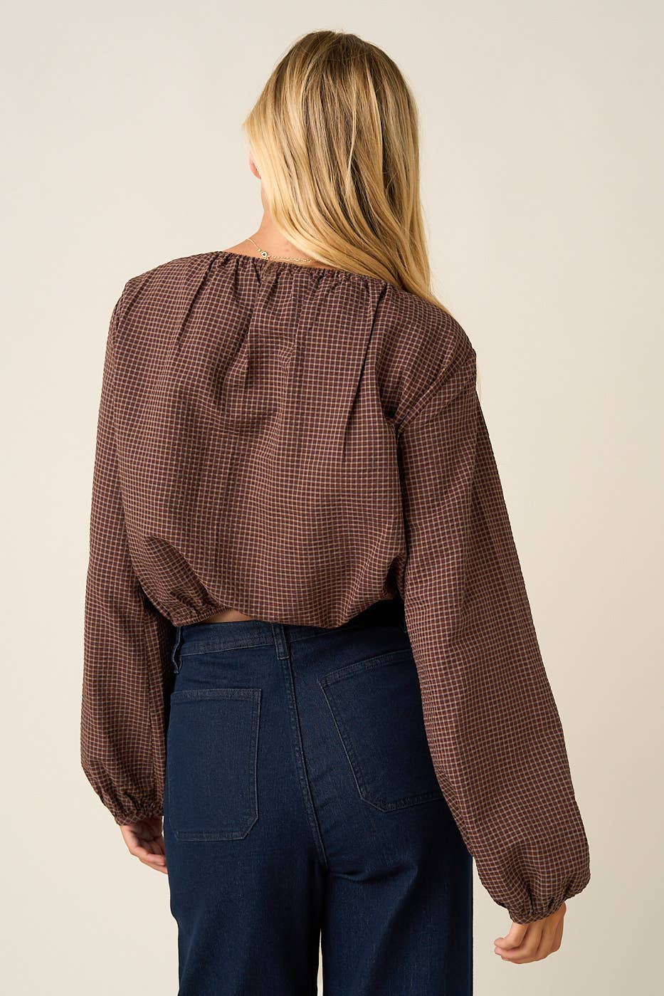 CHECKERED RUFFLE TRIM TIE FRONT LONG SLEEVE TOP