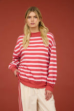 CONTRAST WIDE NECK LONG SLEEVE STRIPE KNIT TOP (PRE-ORDER)