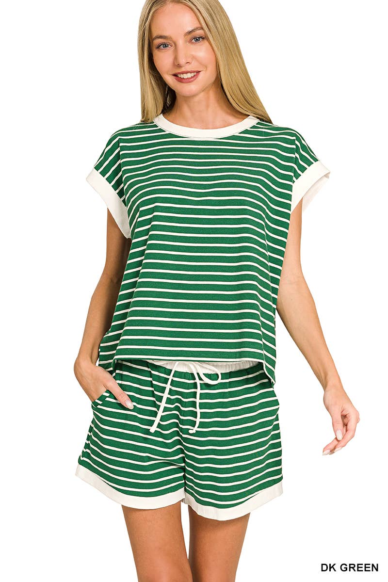 Stripe Contrast Trim Top & Shorts Set