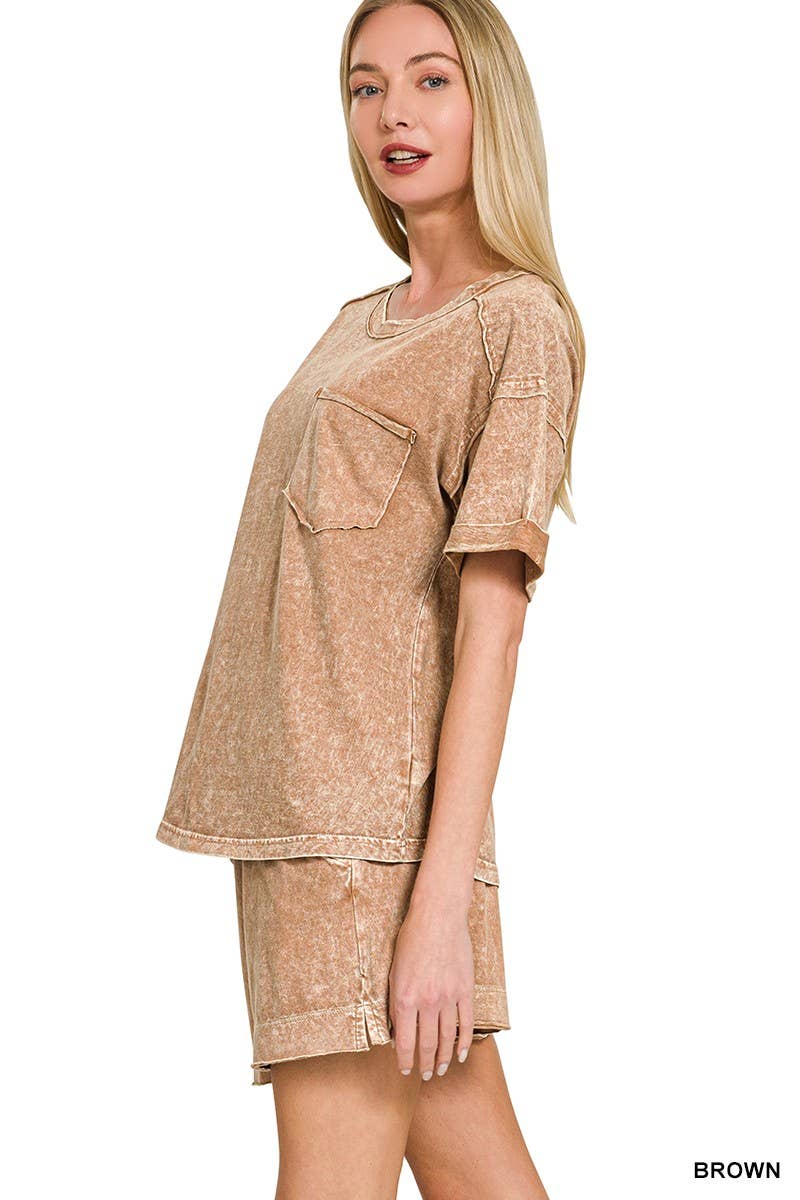 Halo Snow Washed Exposed Seam Top N Shorts Set