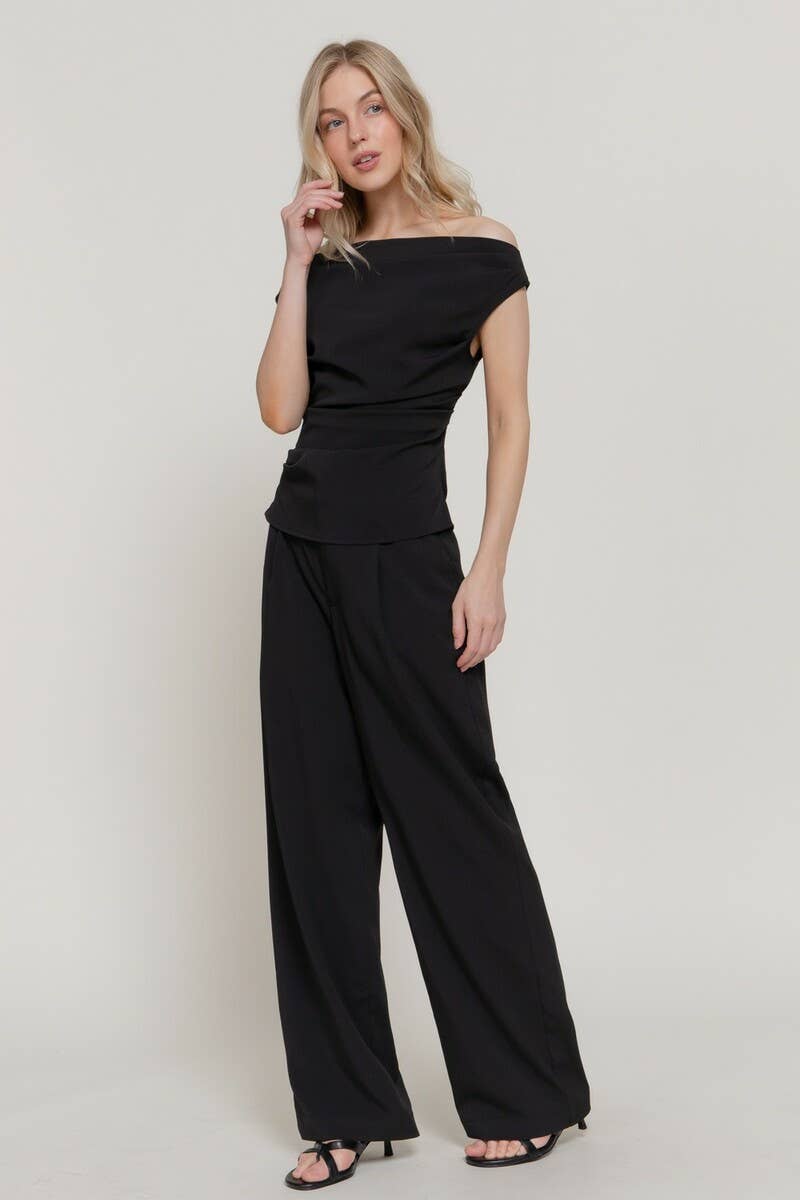 0224 Woven Off Shoulder Top & Pants Set SI-29533