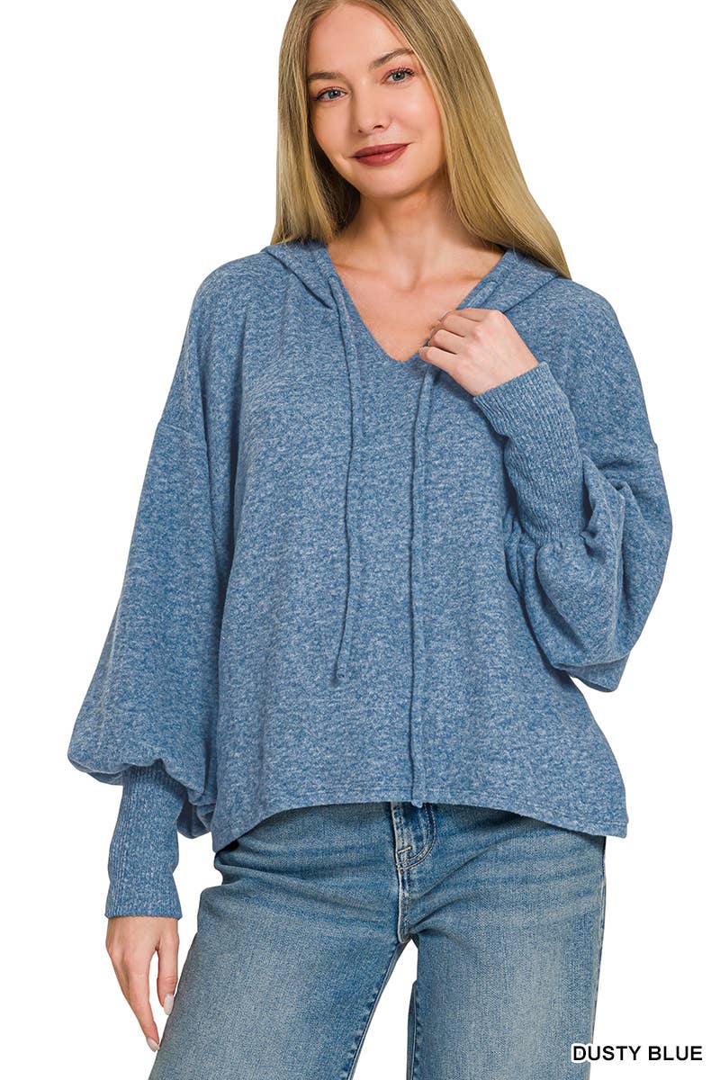 Soft Brushed Hacci Cropped Balloon Sleeve Hoodie Zenana