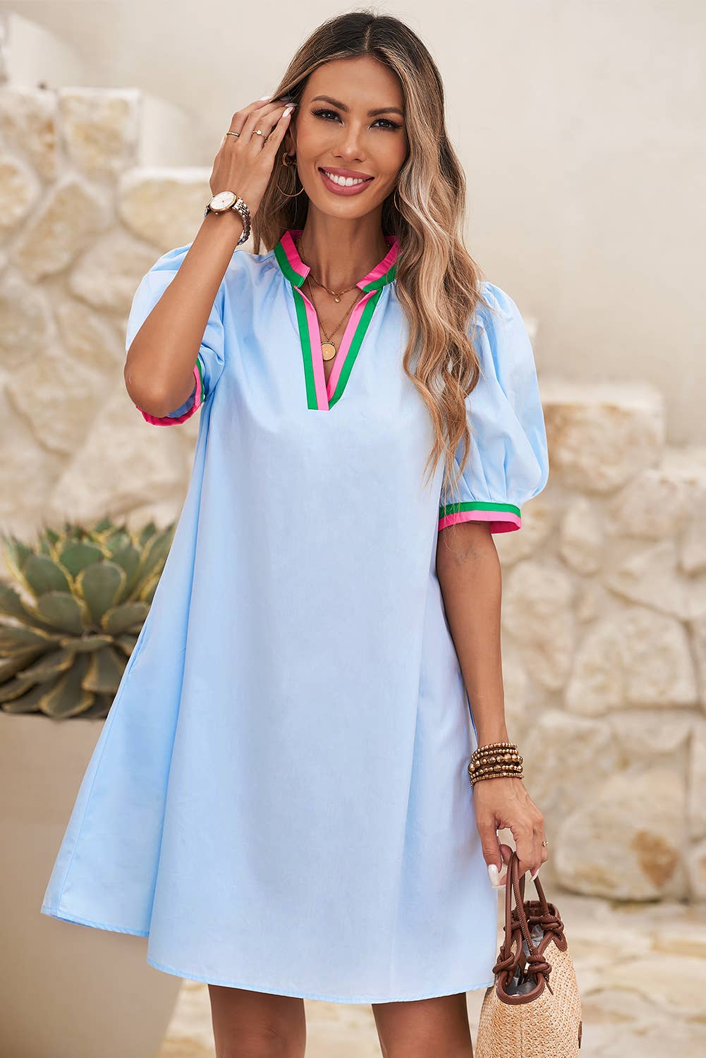 LDC Contrast Striped Detail Notched Neck Puff Sleeve Dress