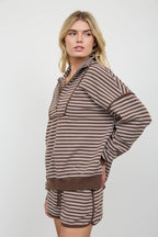 HALF ZIP STRIPE CONTRAST TRIM LONG SLEEVE KNIT TOP