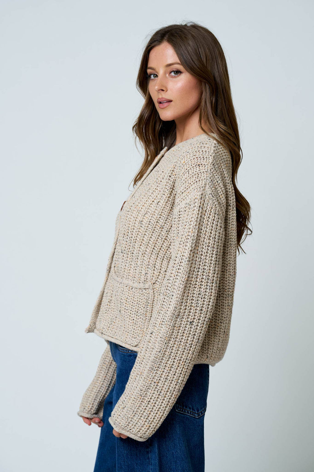 MARLED BUTTON DOWN  RAW EDGE CHUNKY KNIT CARDIGAN