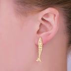24K Gold Filled 35mm Clear CZ Hammered Fish Stud Earrings | AI549