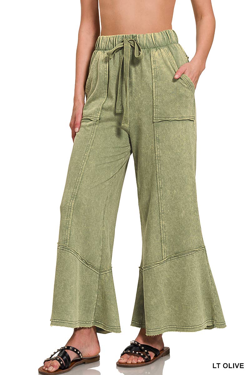 `Acid Washed Flare Hem Pants With Pockets Zenana