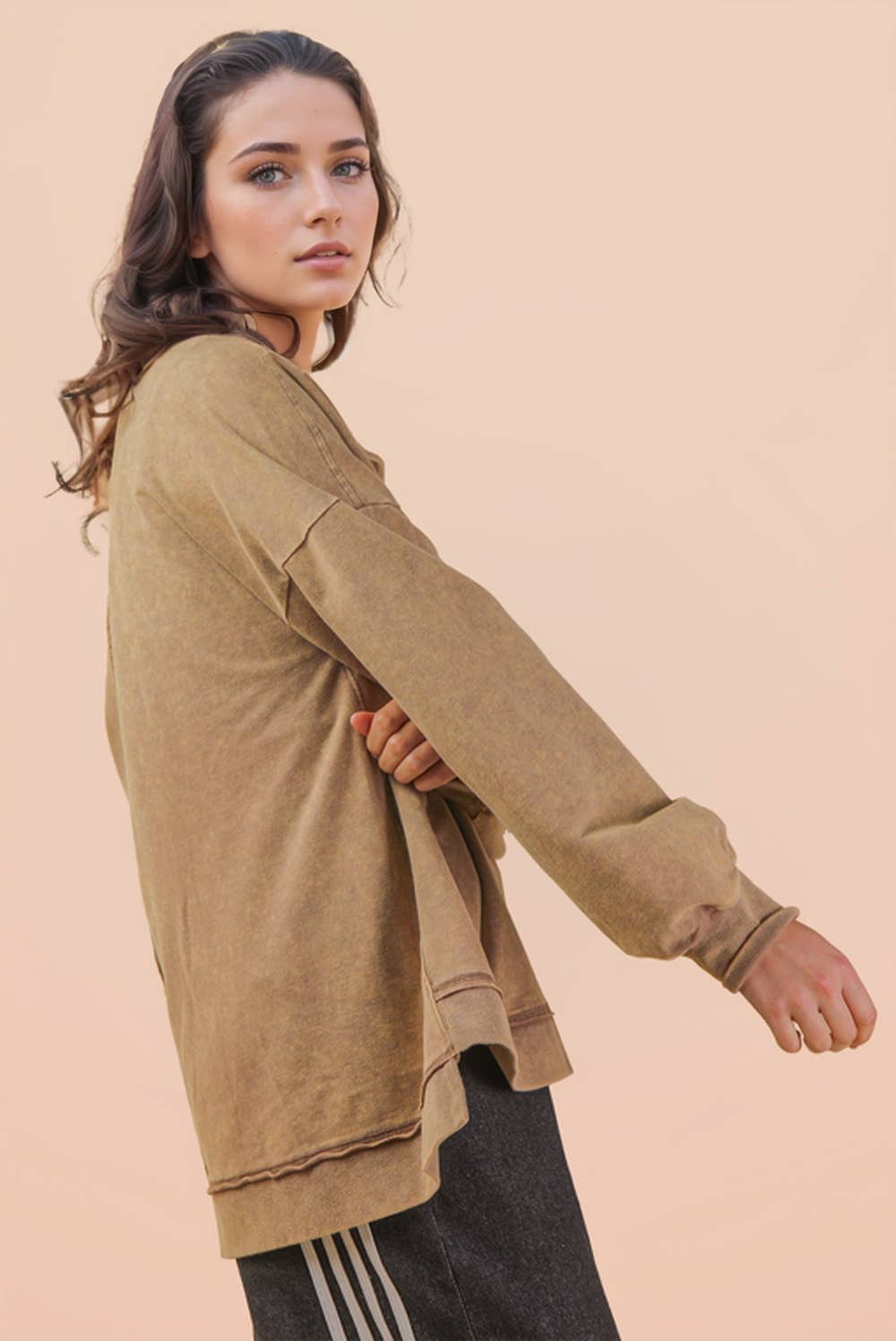 NT12225-Mock Neck Mineral Washed Knit Causal Top