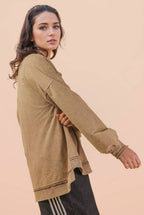 NT12225-Mock Neck Mineral Washed Knit Causal Top