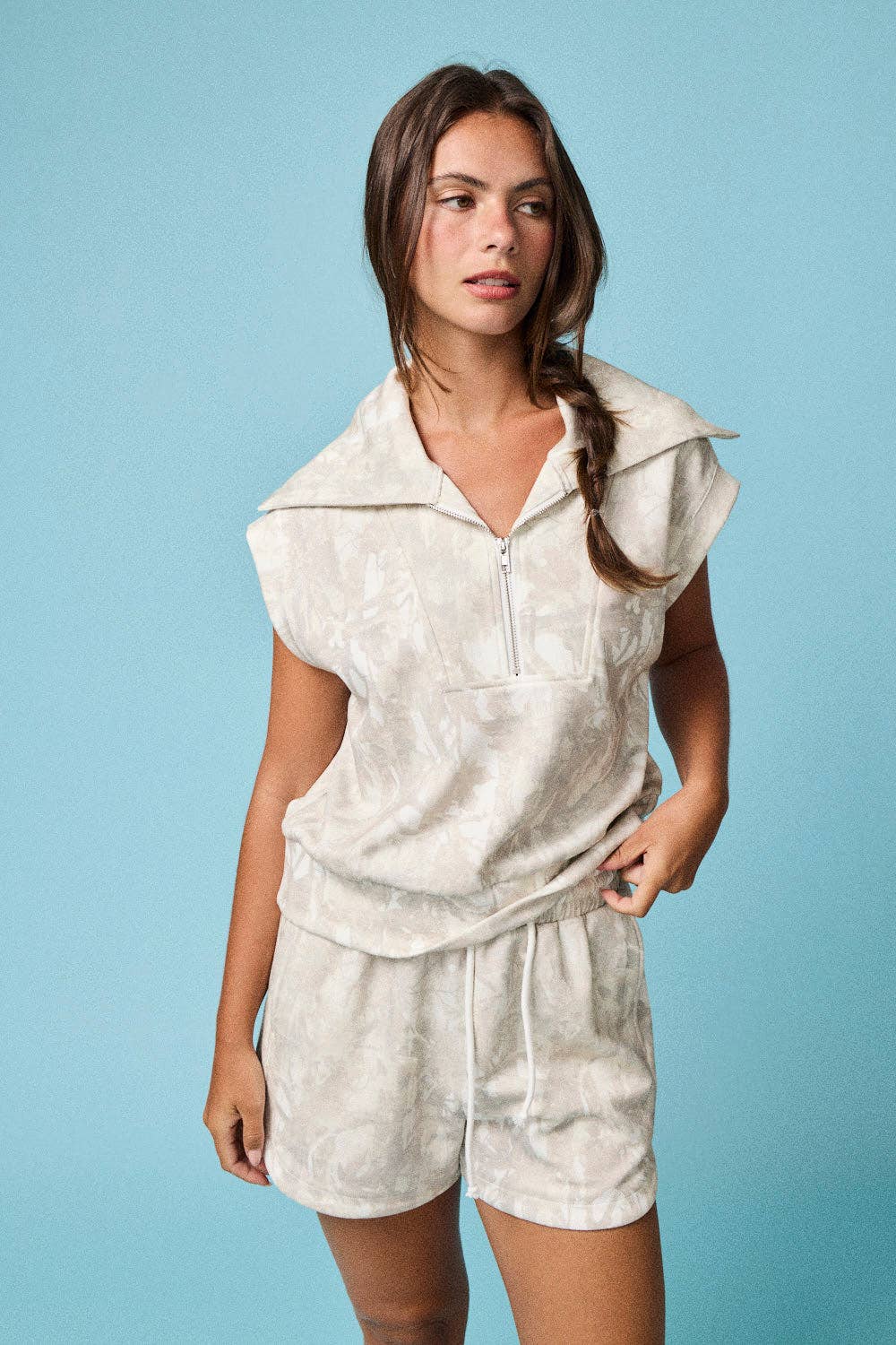 PX51001 - Camo Half Zip Slvls Top and Shorts Set