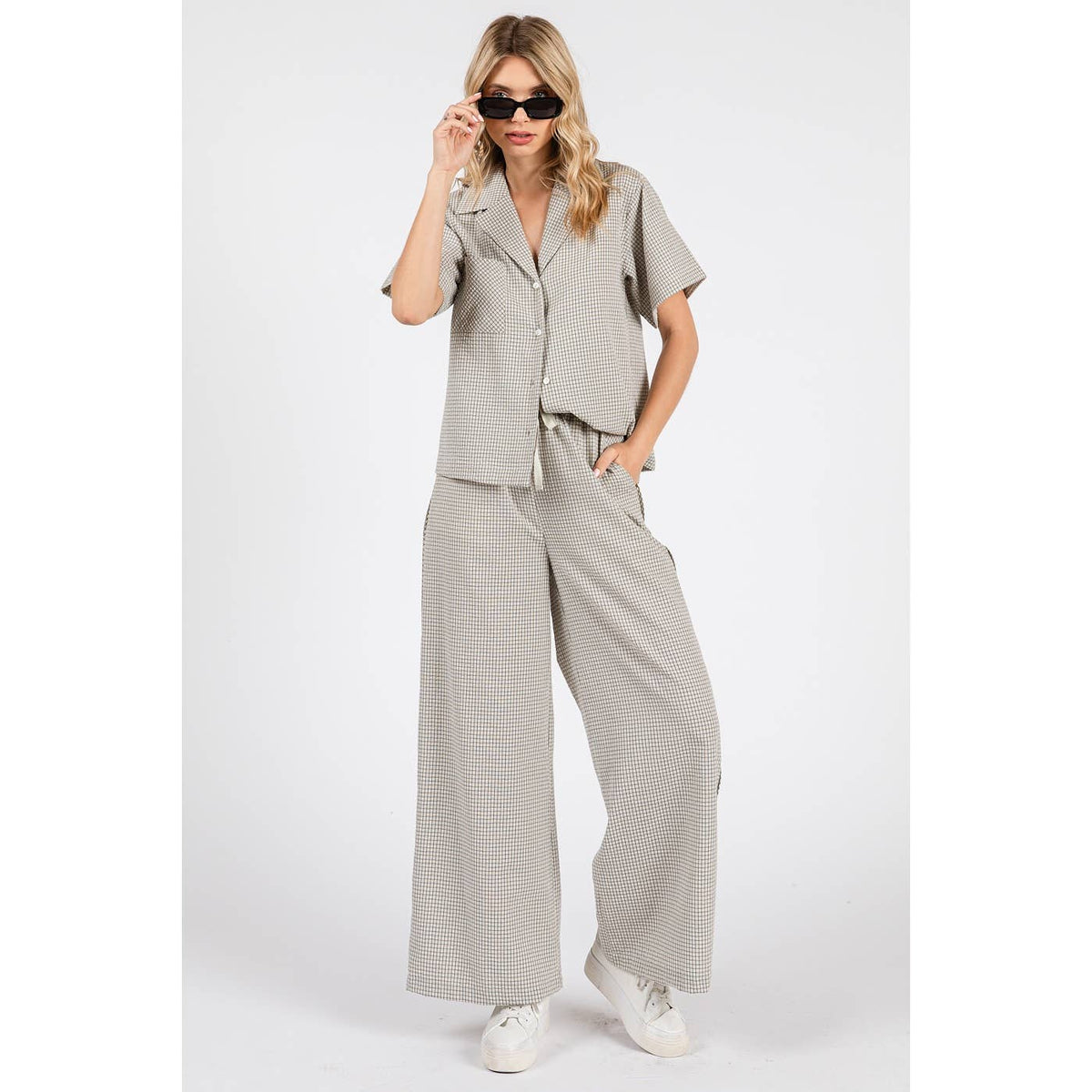 MINI CHECKERED PRINT BUTTONED SHIRT AND PANTS SET