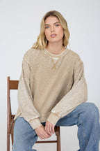 ACID WASH LONG SLEEVE SIDE SLIT KNIT TOP