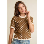 POLKA DOT RUFFLED SHORT SLEEVES SWEATER KNIT TOP