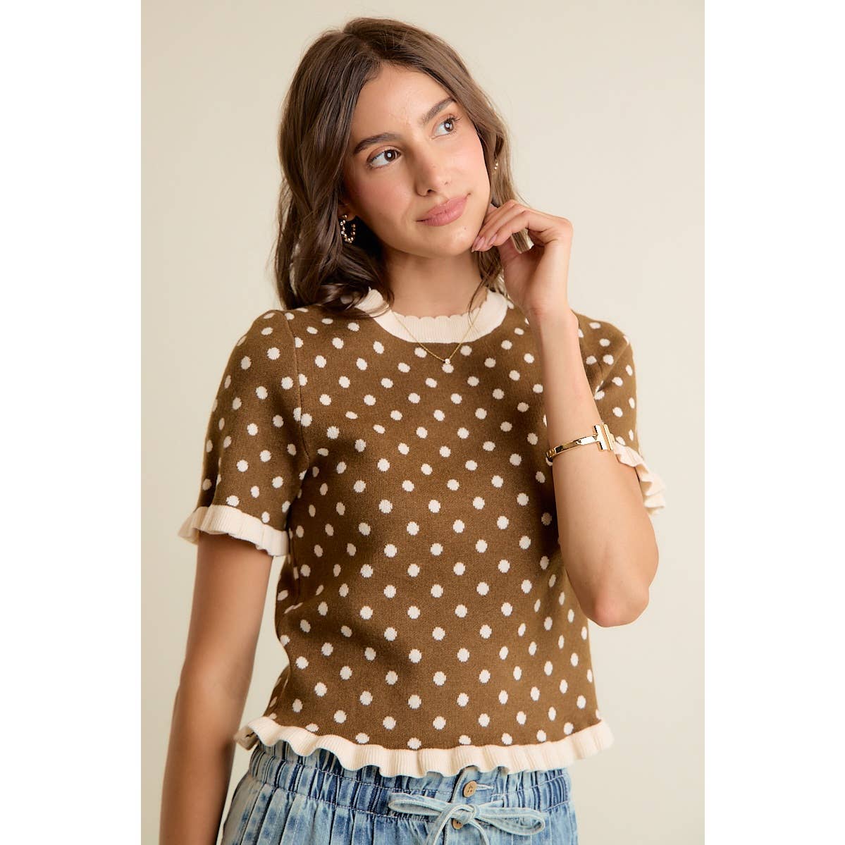 POLKA DOT RUFFLED SHORT SLEEVES SWEATER KNIT TOP