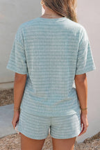 Raised Rib Loose Tee Drawstring Elastic Waist 2pcs Short Set