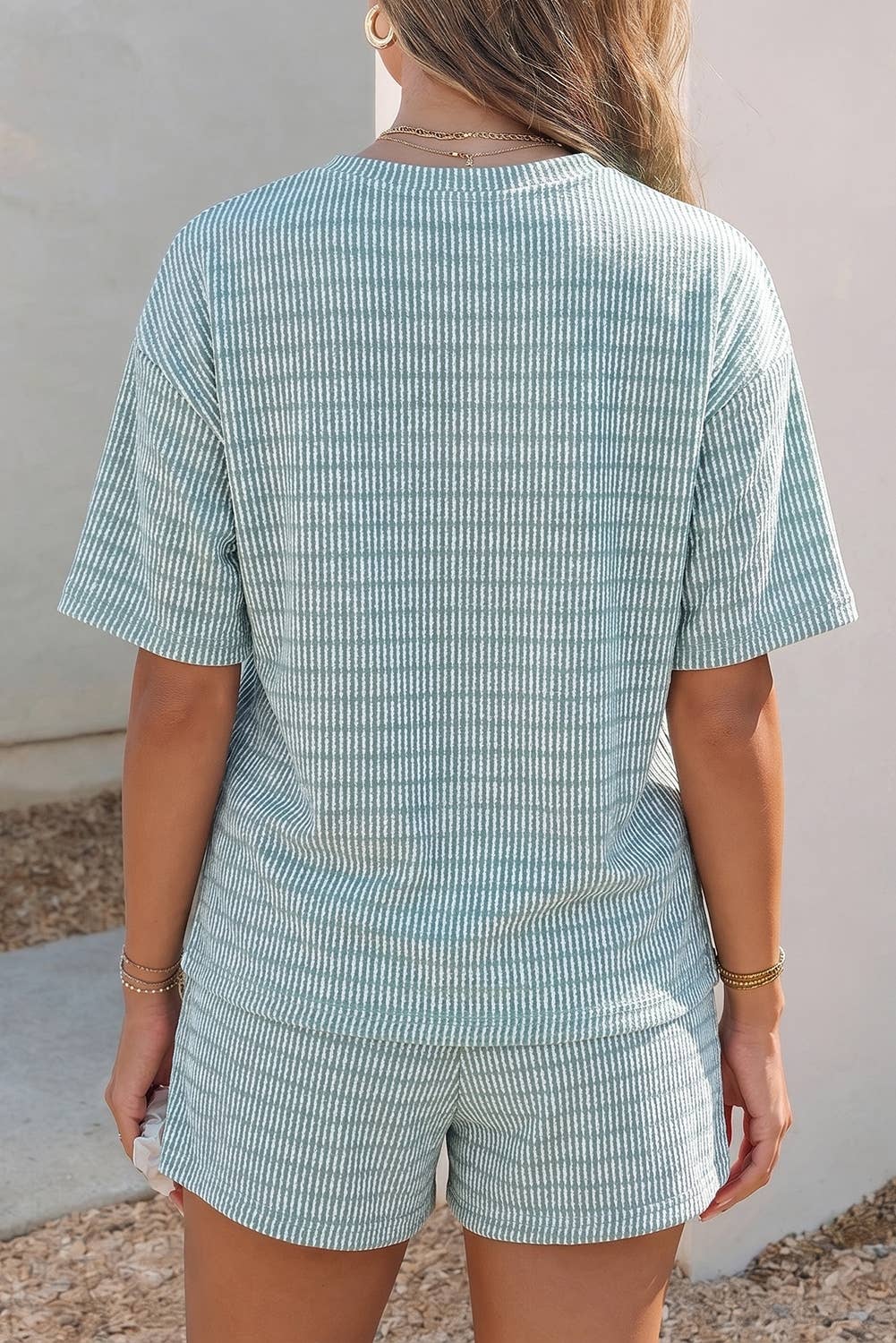 Raised Rib Loose Tee Drawstring Elastic Waist 2pcs Short Set