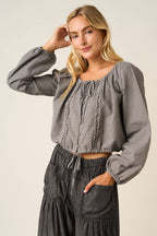 CHECKERED RUFFLE TRIM TIE FRONT LONG SLEEVE TOP