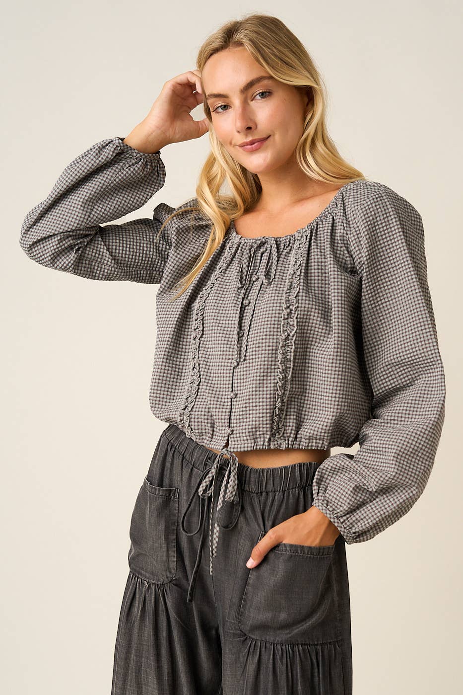 CHECKERED RUFFLE TRIM TIE FRONT LONG SLEEVE TOP