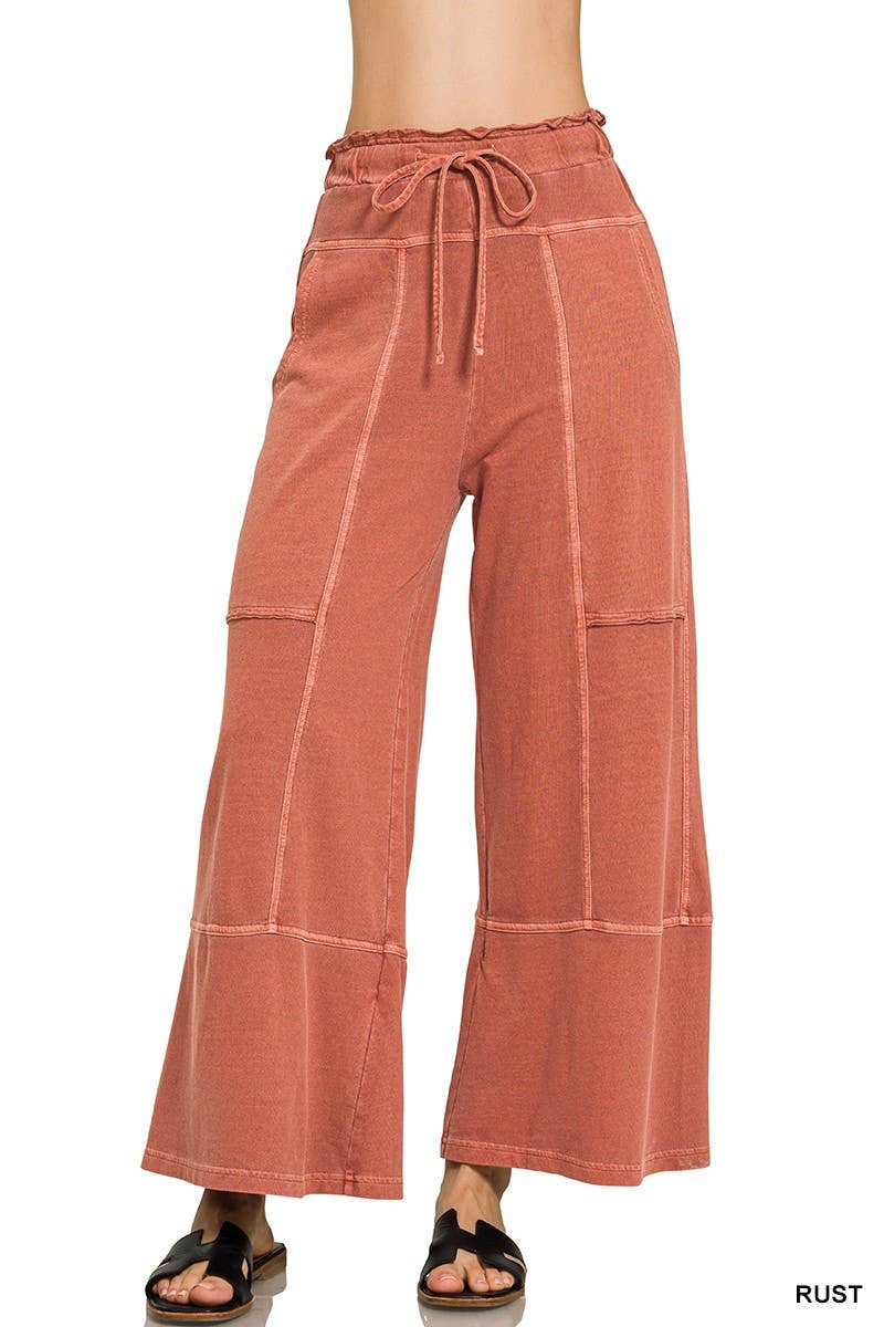 French Terry Washed Exposed-seam Wide Leg Pants