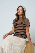 STRIPE MOCK NECK SHORT SLEEVE KNIT SWEATER