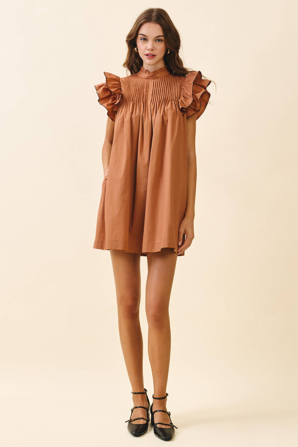 CD06395-Back Button Down High Neck Babydoll Mini Dress
