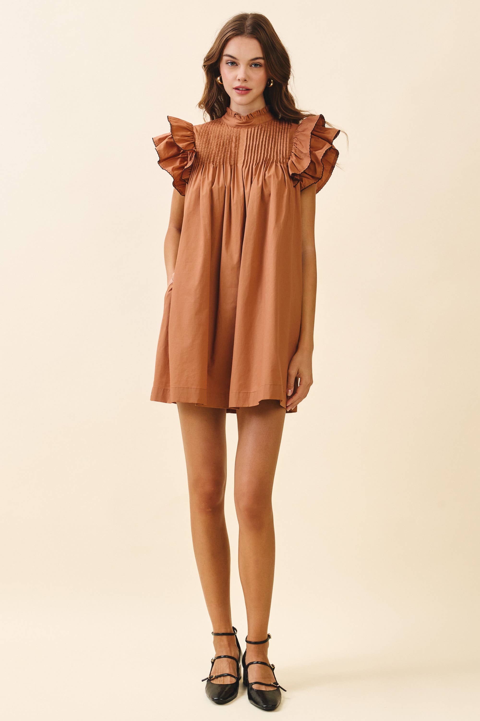 CD06395-Back Button Down High Neck Babydoll Mini Dress