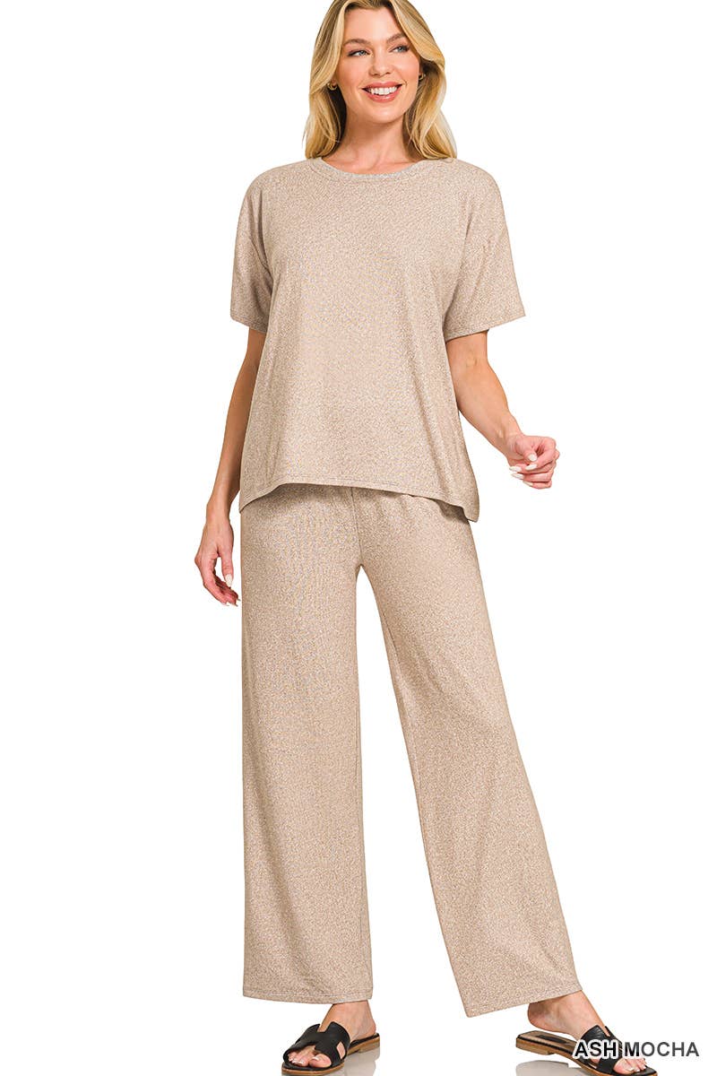 Soft Melange Short Sleeve Tee & Long Pants Set - Zenana
