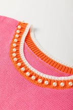 Contrast Trim Pearl Crewneck Sweater Top