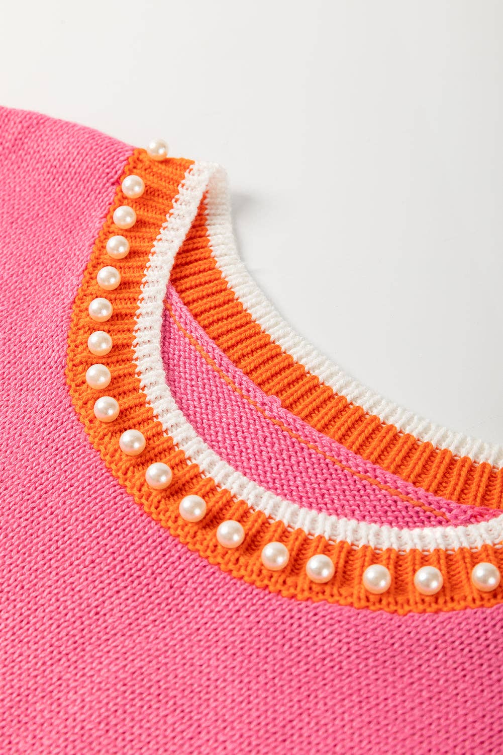 Contrast Trim Pearl Crewneck Sweater Top