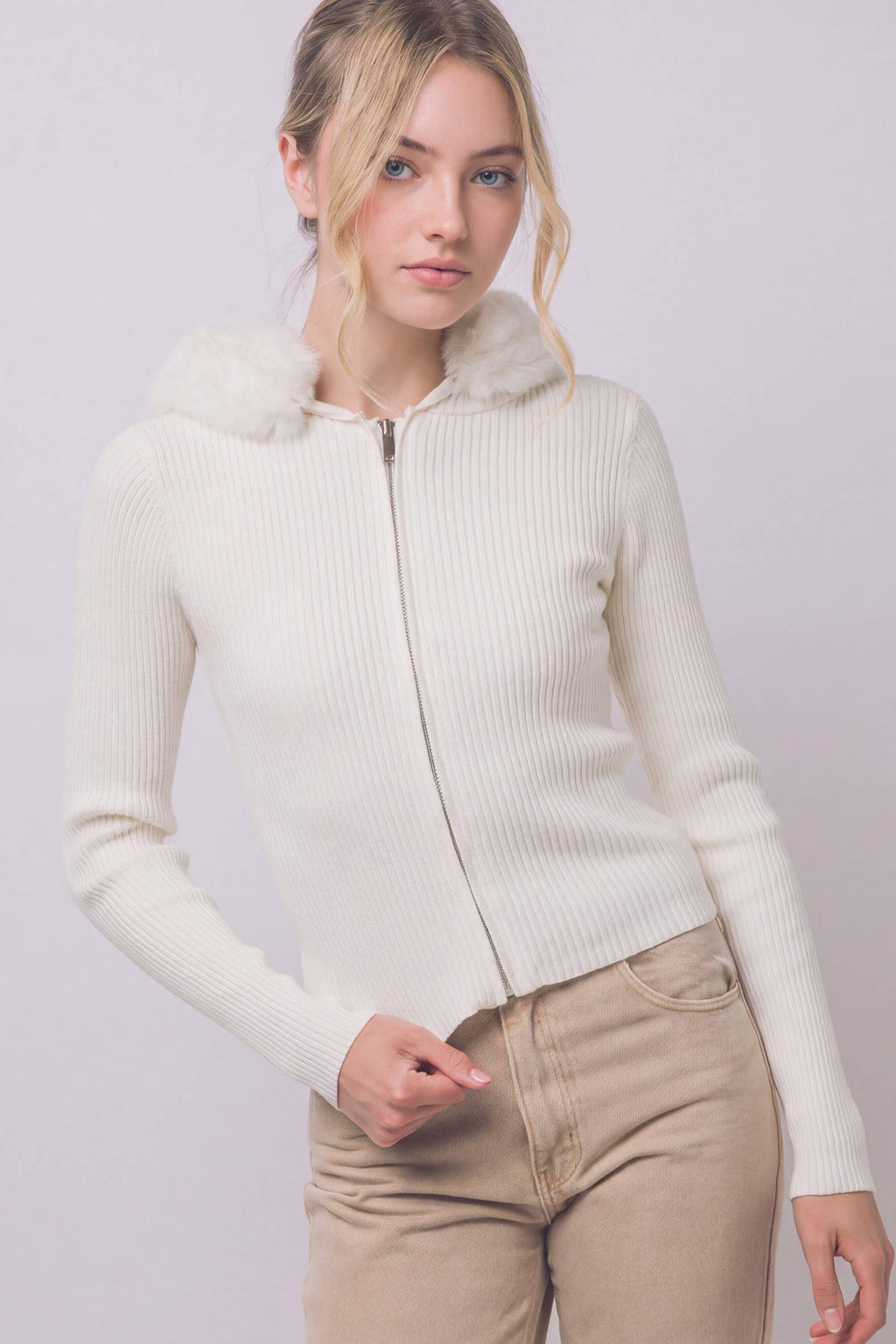 Faux-fur Trim Hooded Zip-up Sweater