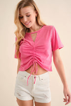 32154T - Washed Cut Out V Tunnel Cinch Tie Front Studded Tee