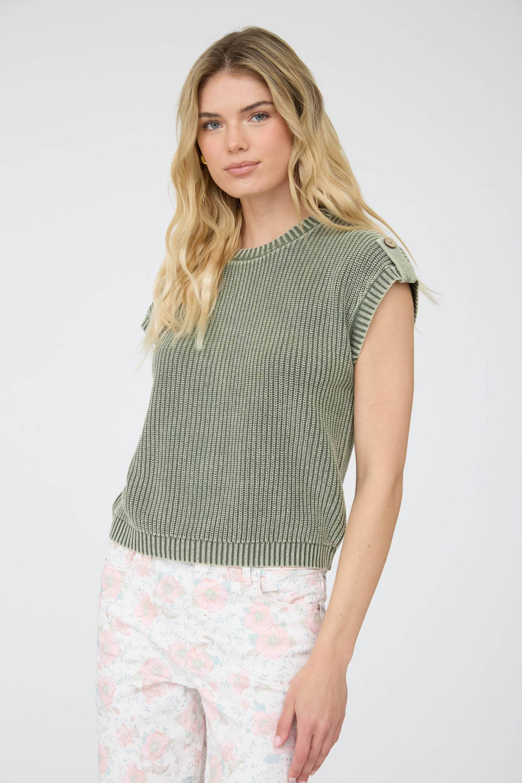 ACID WASHED TAB SLEEVE BACK BUTTON KNIT TOP