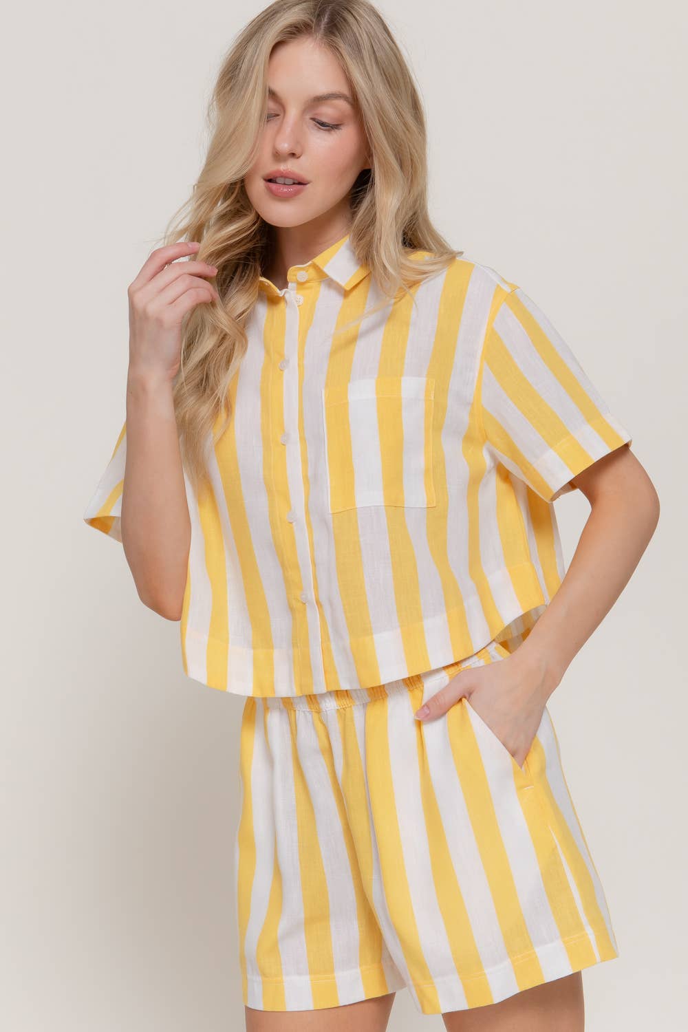 Short Sleeve Shirt & Wide Stripe Linen Effect Shorts Set