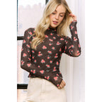 MESH STRAWBERRY PRINT HIGH NECKLINE CROP TOP