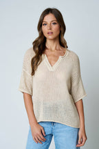 SPLIT NECK SHORT SLEEVE SHEER CROCHET KNIT TOP (PRE-ORDER)
