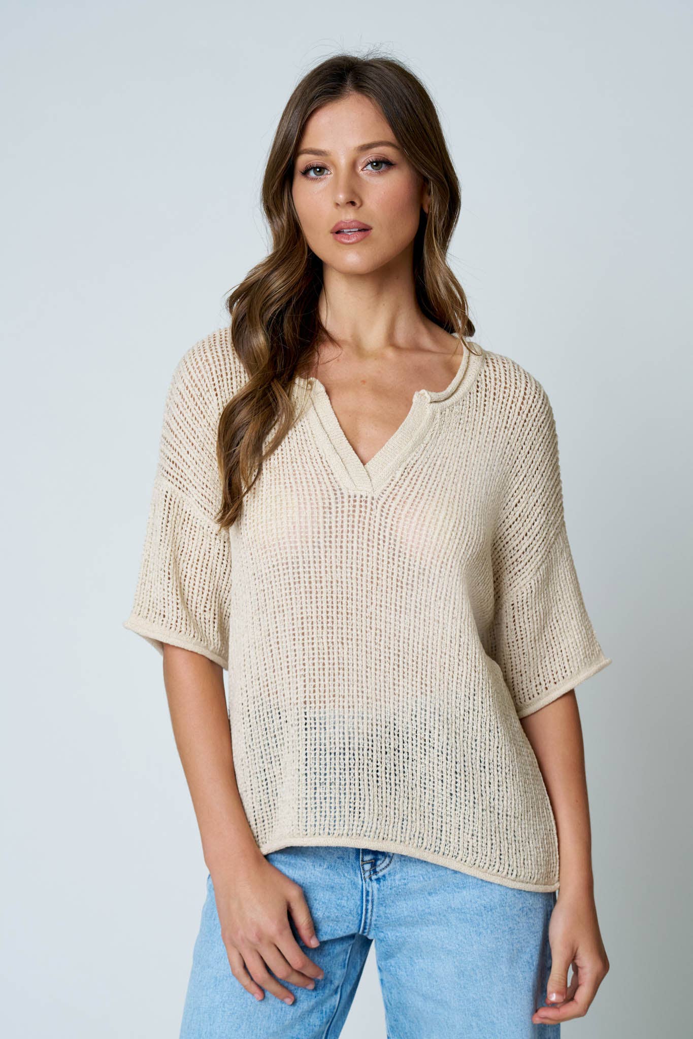SPLIT NECK SHORT SLEEVE SHEER CROCHET KNIT TOP (PRE-ORDER)