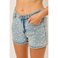 IP3387 Faux pearl-studded Stretch Denim Shorts