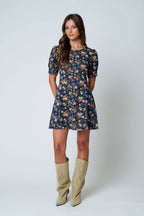 FLORAL PUFF SLEEVE SEAM DETAIL DENIM MINI DRESS