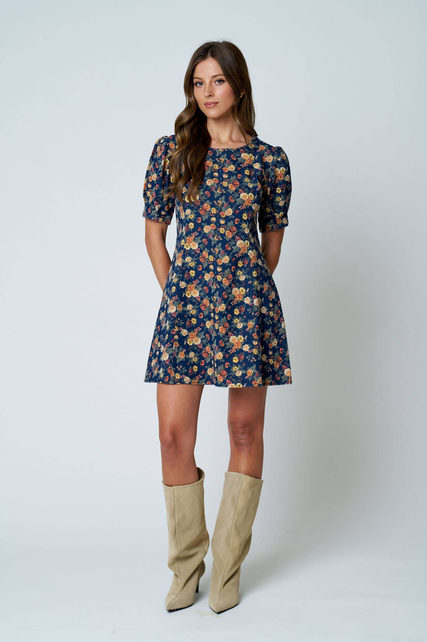 FLORAL PUFF SLEEVE SEAM DETAIL DENIM MINI DRESS