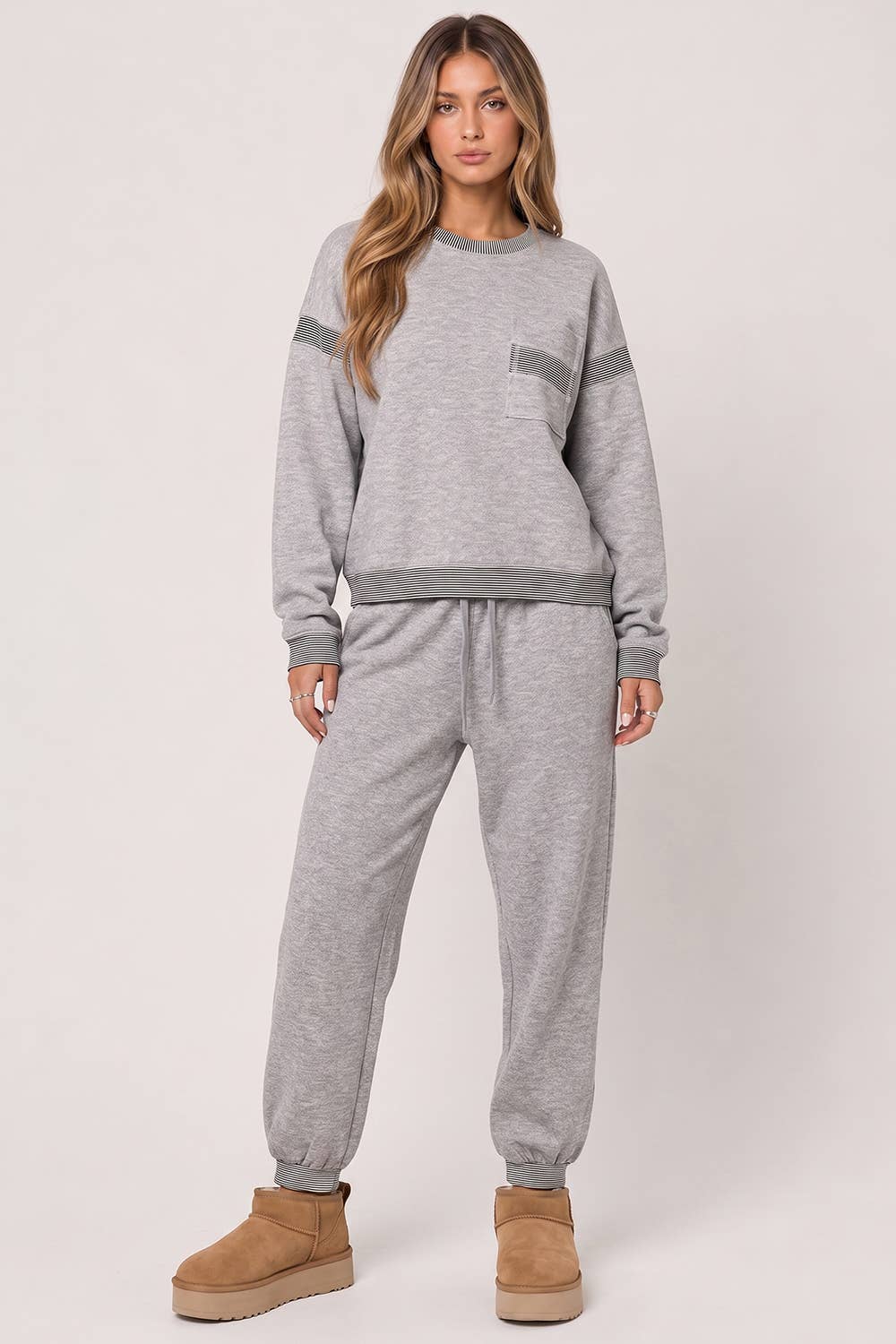 NT12845SET-Contrast Rib Trim Heathered Knit Lounge Set