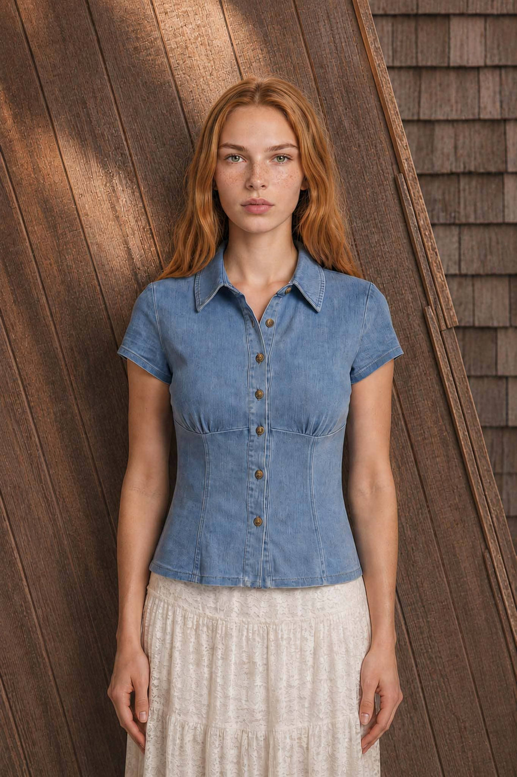 COLLARED BUTTON DOWN CINCHED WAIST DENIM TOP