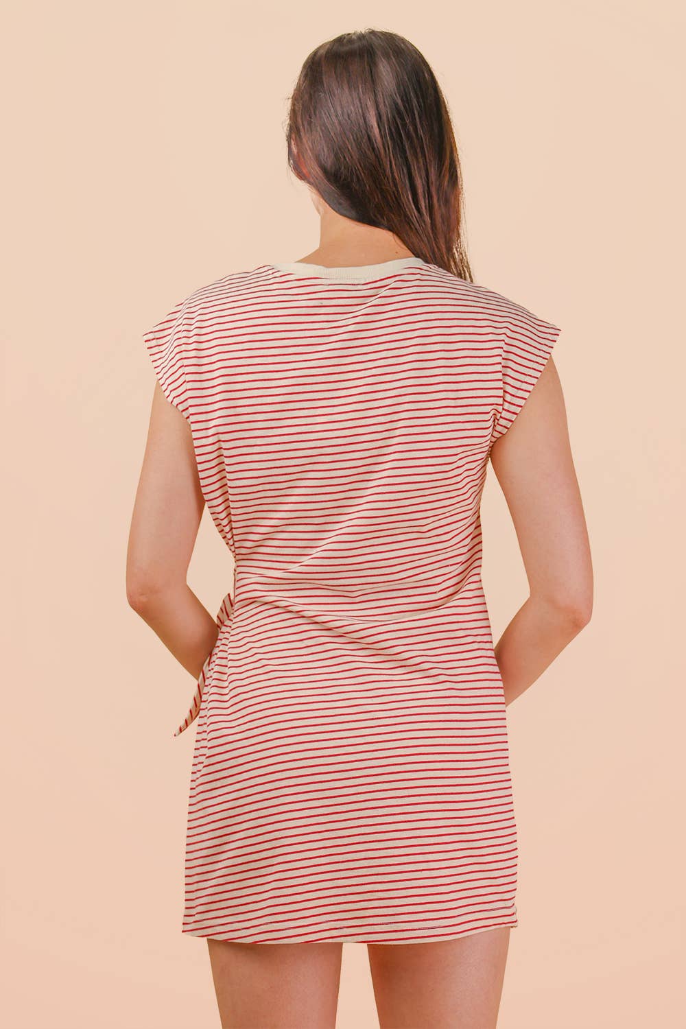 ND31733-Stripe Knit Sleeveless Mini Dress W/ Tie Detail