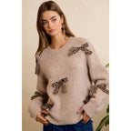 LEOPARD BOW ACCENT SOFT KNIT PULLOVER SWEATER