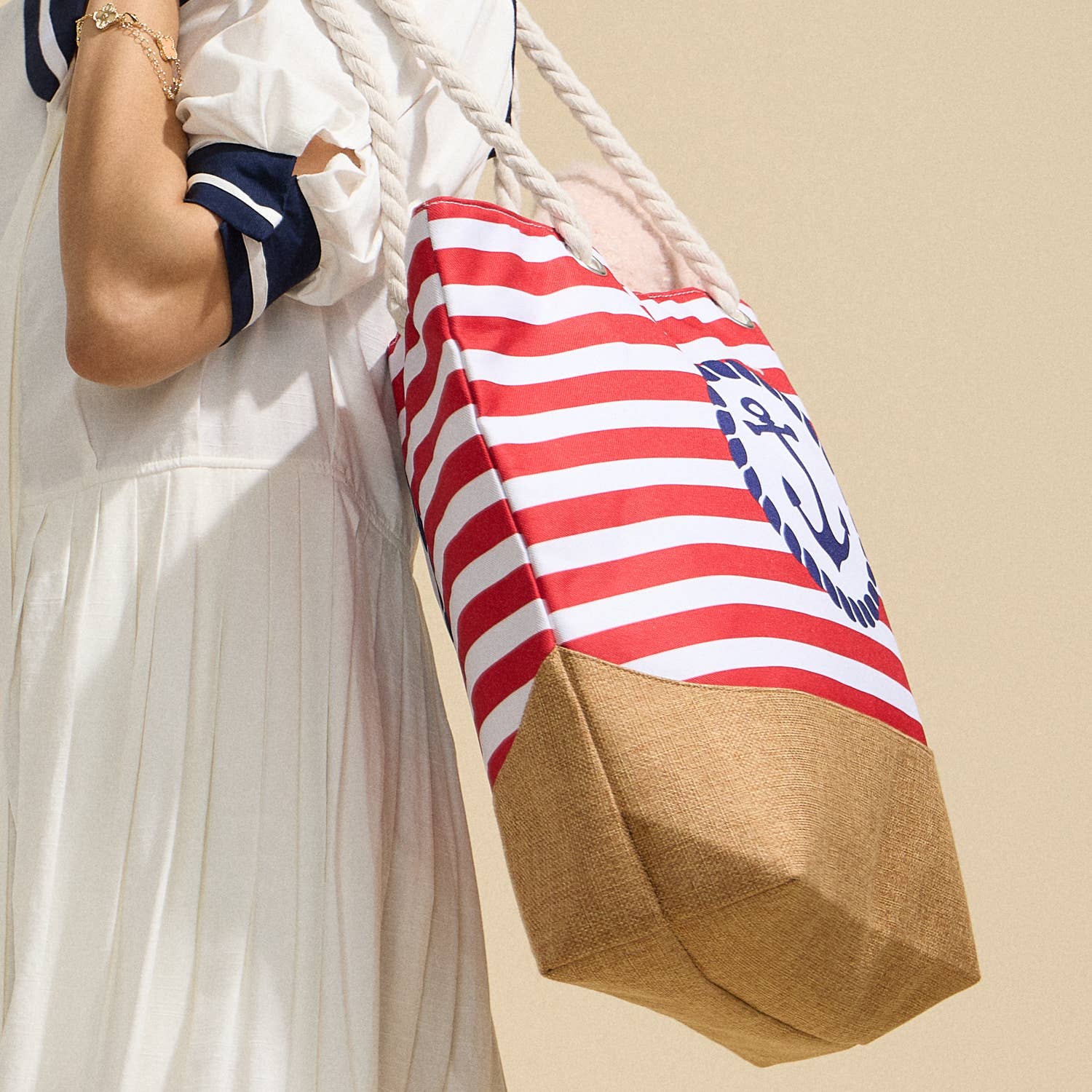 Coastal Chic | Nautical Anchor and Stripe Beach Tote