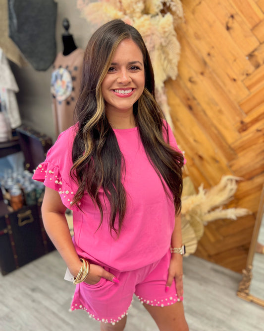 Textured Pearled Ruffle Sleeve Top 2 Piece Shorts Set
