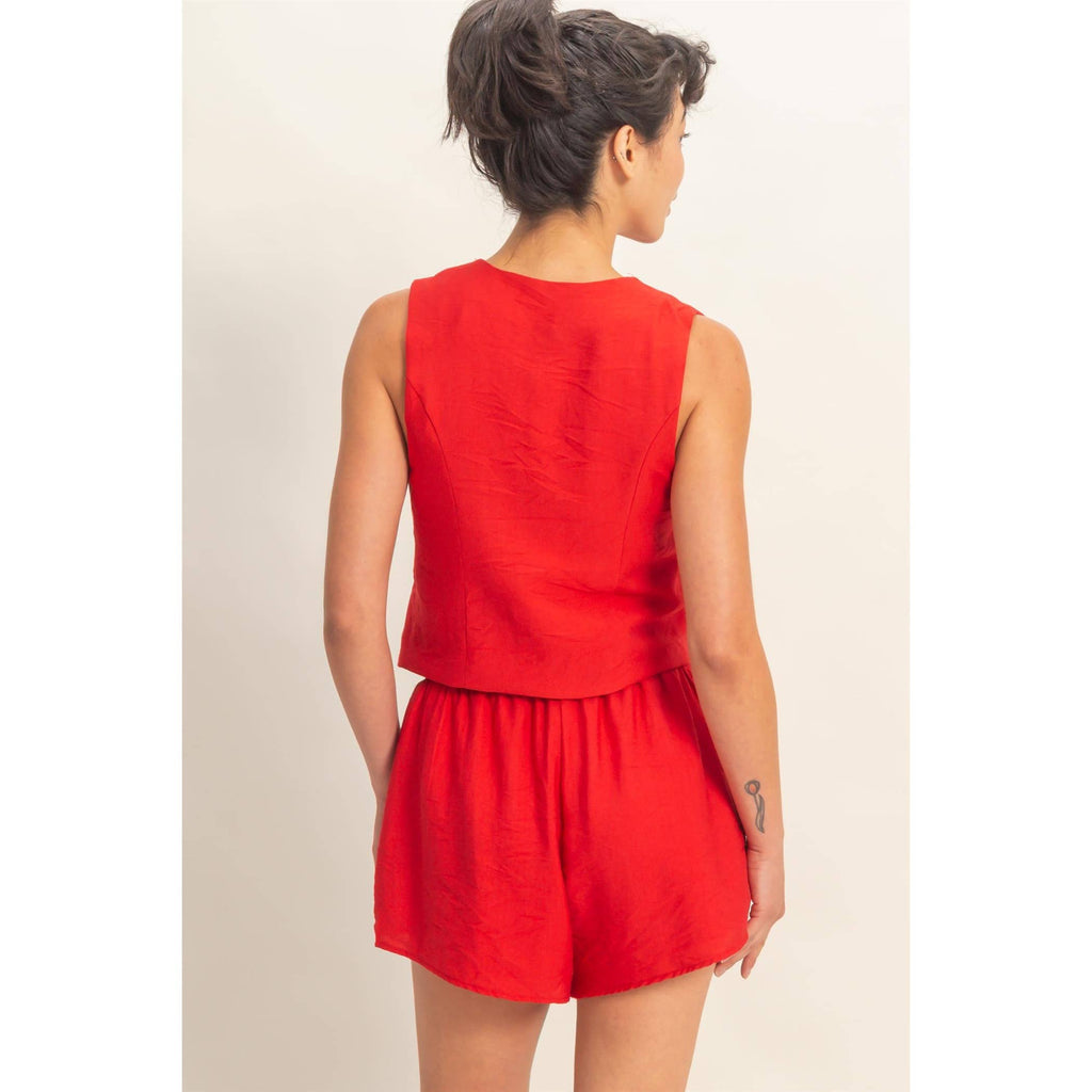 Sleeveless Tie-Front Vest And Elastic Waist Shorts Set