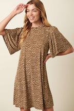 ANIMAL PRINT RUFFLE MOCK NECK MINI DRESS