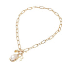 PEarl Cross Charm Toggle Pendant Paperclip Chain Necklace