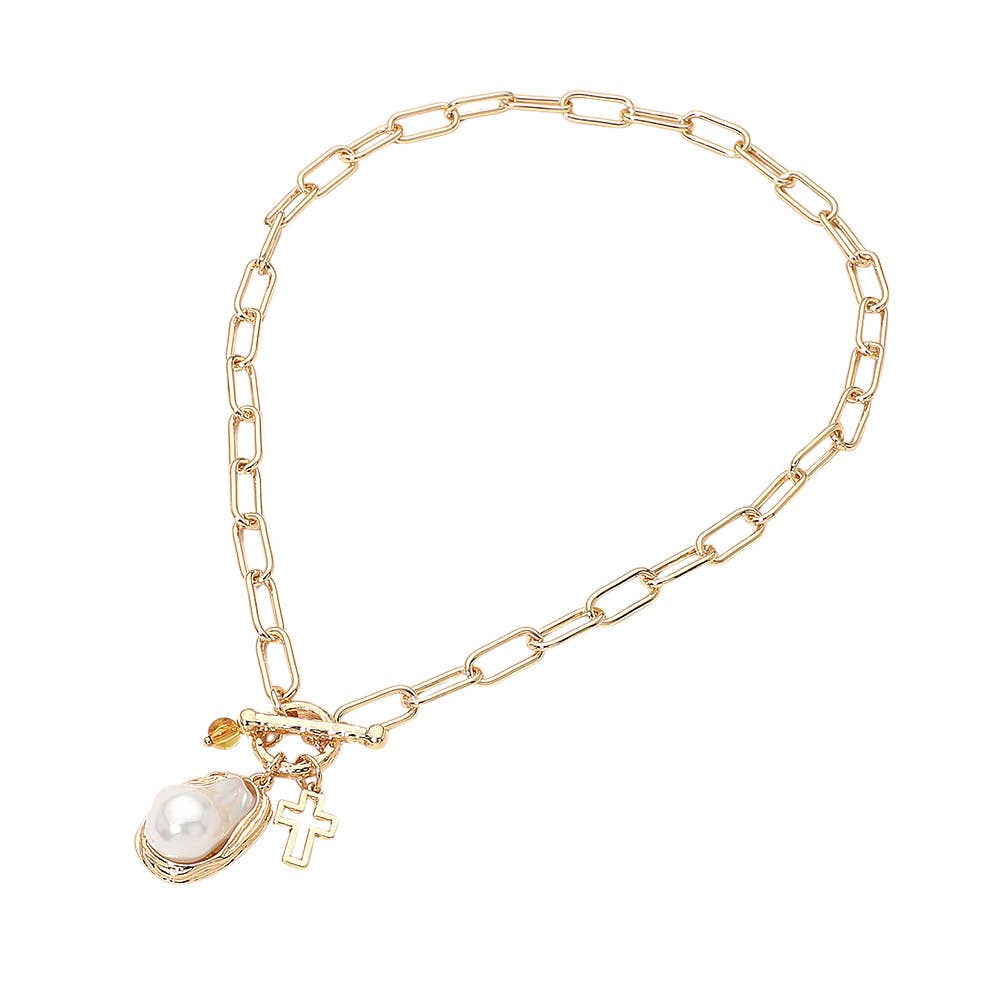 PEarl Cross Charm Toggle Pendant Paperclip Chain Necklace